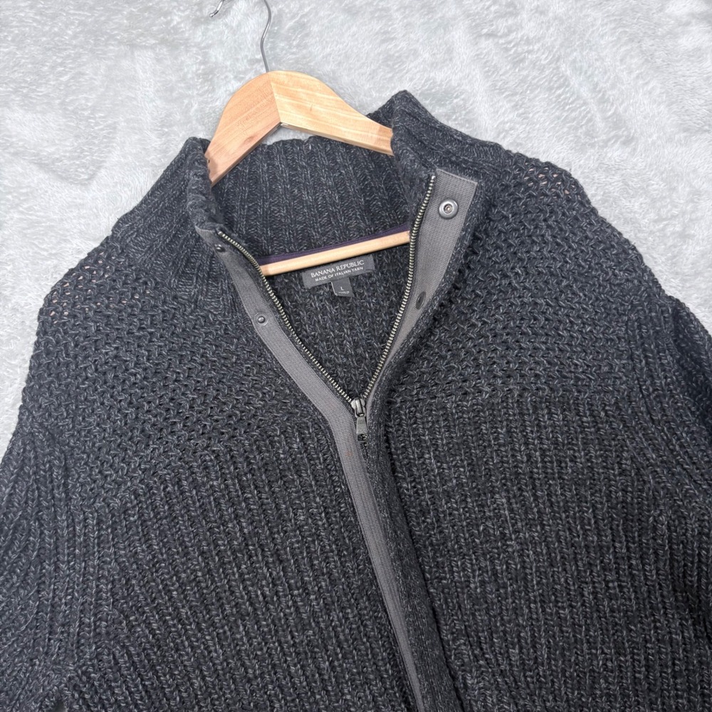 Banana Republic Full Zip Cardigan Mens Large Gray Italian Yarn Ribbed Mock Neck
